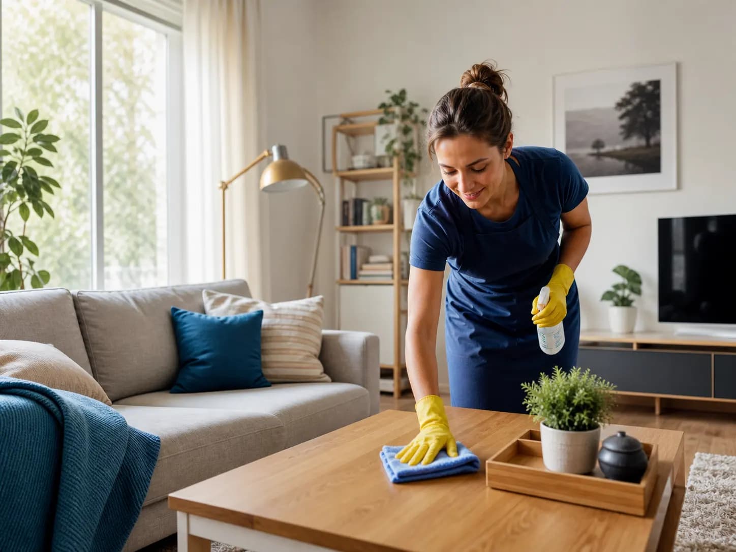 A professional cleaner finishing a bright living room